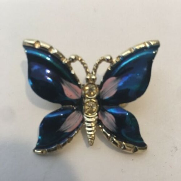 Beautiful BLUE BUTTERFLY BROOCH Lapel‎ PIN Enamel  Rhinestone Gold Tone Jewelry - Picture 7 of 8